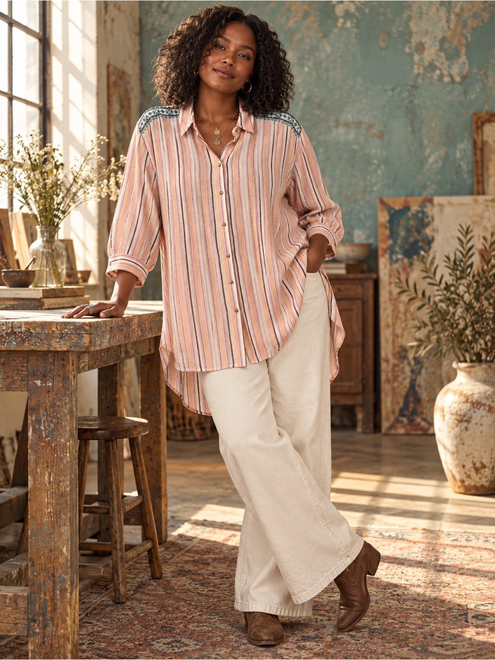 Anthropologie Akemi + Kin Embellished Striped Cotton Tunic Shirt 10